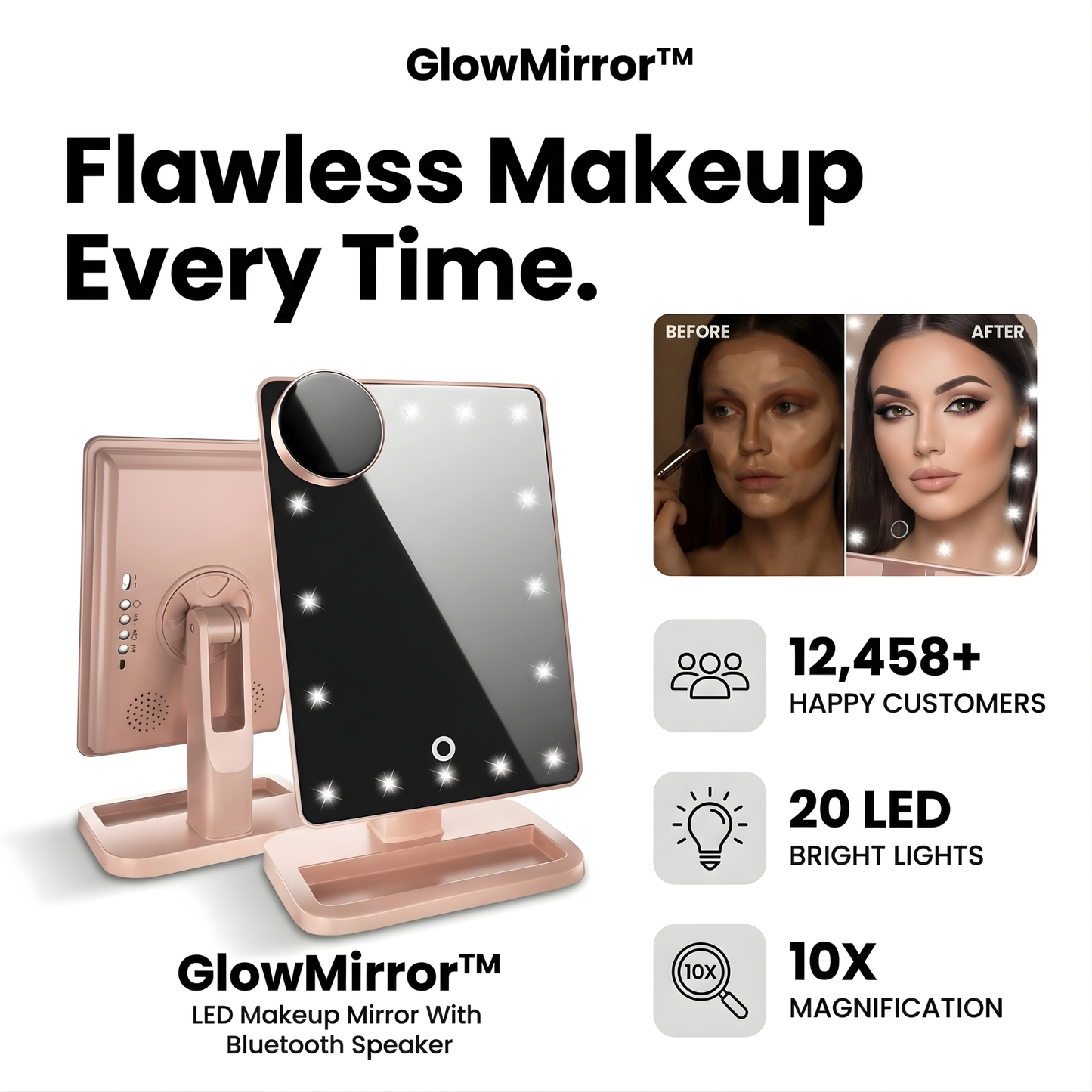 GlowMirror™ – LED Makeup Mirror With Bluetooth Speaker