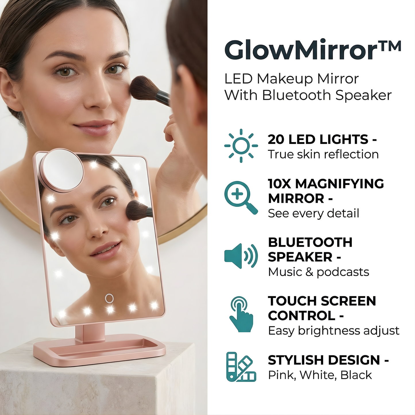 GlowMirror™ – LED Makeup Mirror With Bluetooth Speaker